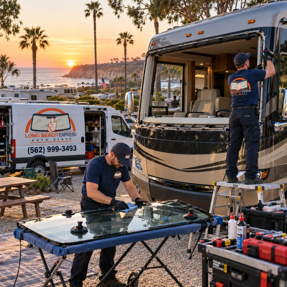 Long Beach Express Auto Glass technicians replacing a motorhome windshield at an RV park, with the company service van parked behind them