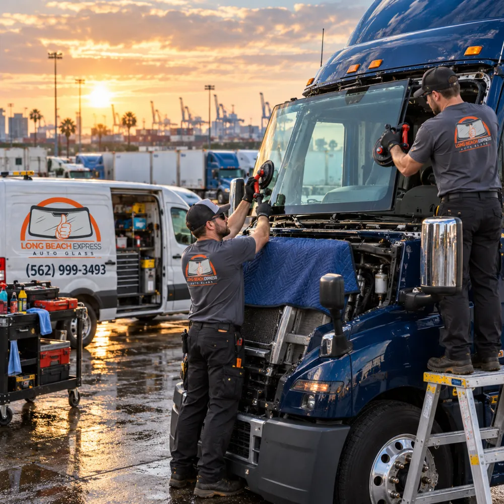 Two Long Beach Express Auto Glass technicians fitting a new windshield on a blue semi-truck in a truck yard, with the company service van and port cranes behind them